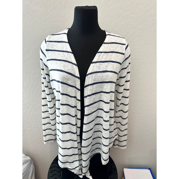 VELVET BY GRAHAM & SPENCER Navy Striped Open Front Waterfall Cardigan NWT Small - Picture 2 of 8